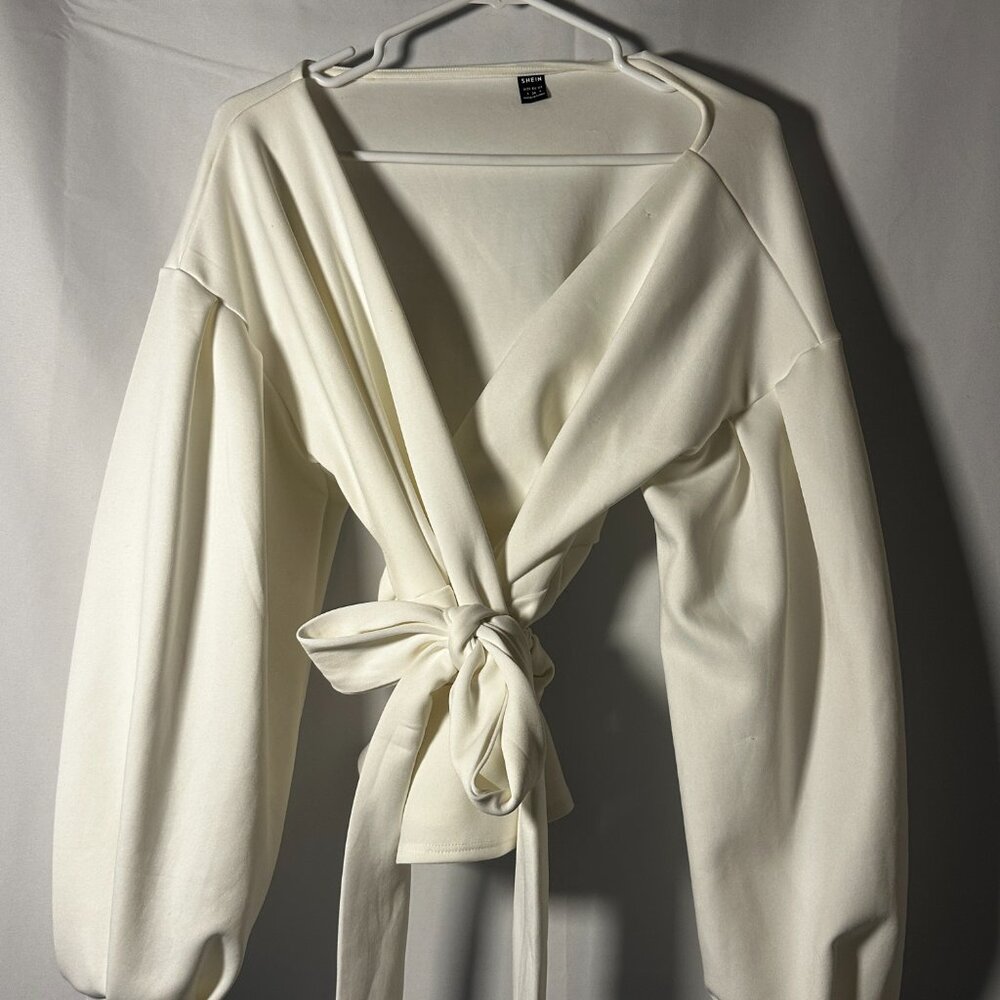 SHEIN White Wrap Tie Front Top Long Sleeve Peplum Blouse Size S